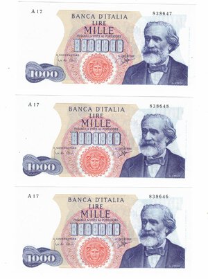 obverse: Cartamoneta. Repubblica Italiana. 1.000 Lire Giuseppe Verdi. 1° Tipo. 05-07-1963. Lotto di 3 pezzi con serie consecutive. 