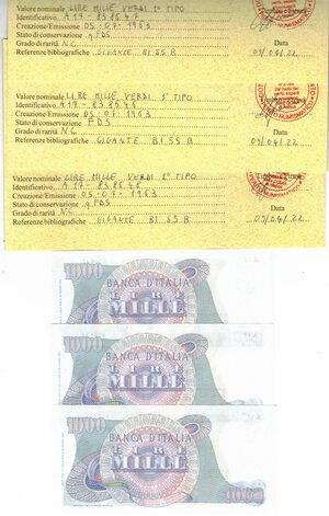 reverse: Cartamoneta. Repubblica Italiana. 1.000 Lire Giuseppe Verdi. 1° Tipo. 05-07-1963. Lotto di 3 pezzi con serie consecutive. 