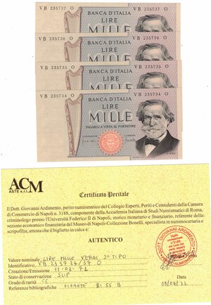 obverse: Cartamoneta. Repubblica Italiana. 1.000 Lire Giuseppe Verdi. 2° Tipo. 11-03-71. Lotto di 4 pezzi consecutivi.  Gig. BI56B. 