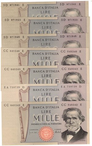 obverse: Cartamoneta. Repubblica Italiana. 1.000 Lire Giuseppe Verdi. 2° Tipo. Lotto di 7 Pezzi. 