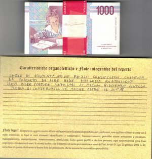 reverse: Cartamoneta. Repubblica Italiana. 1.000 Lire Montessori. Mazzetta di 99 Pezzi 1990. Serie GA…G. Gig BI58A. 