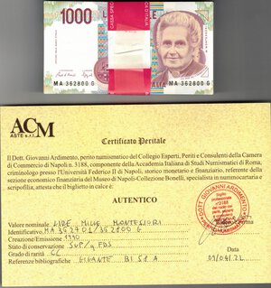 obverse: Cartamoneta. Repubblica Italiana. 1.000 Lire Montessori. Mazzetta Completa 1990. Serie MA…G. Gig BI58A. 