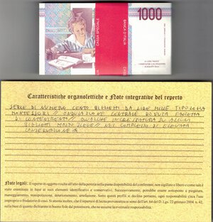 reverse: Cartamoneta. Repubblica Italiana. 1.000 Lire Montessori. Mazzetta Completa 1990. Serie MA 362900G. Gig BI58A. 