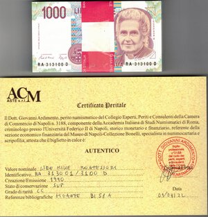 obverse: Cartamoneta. Repubblica Italiana. 1.000 Lire Montessori. Mazzetta Completa 1990. Serie RA…D. Gig BI58A. 