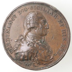 obverse: Medaglie. Napoli. Ferdinando IV. 1759-1816. Medaglia 1799 per il ritorno al trono dopo la sconfitta della Repubblica Napoletana. Ae. 