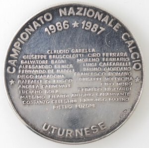 reverse: Medaglia. Emissione Privata. Campionato Nazionale di Calcio 1987. Napoli Campione d Italia. Ag. Smalti. Titolo 925. 