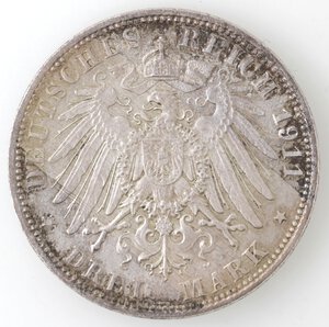 reverse: Germania-Baviera. Leopoldo. 1886-1912. 3 Marchi 1911 D. moneta commemorativa per il 90° compleanno. Ag. 