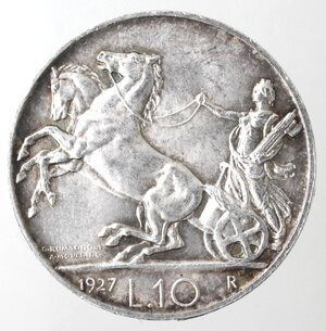 reverse: Vittorio Emanuele III. 1900-1943. 10 lire 1927 Biga due rosette. Ag. 