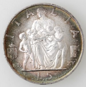 reverse: Vittorio Emanuele III. 1900-1943. 5 lire 1937 Famiglia. Ag