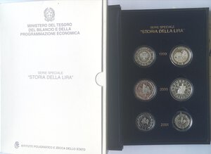 obverse: Repubblica Italiana. Storia della Lira. Cofanetto completo 6 monete da 1 lira. Ag. Anni 1999-2000-2001. 