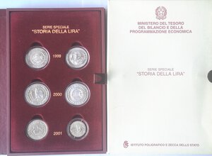 obverse: Repubblica Italiana. Storia della Lira. Cofanetto completo 6 monete da 1 lira. Ag. Anni 1999-2000-2001. FDC. 