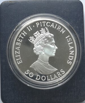 obverse: Pitcairn Islands. Elisabetta II. 50 Dollari 1989. Ag 999. 