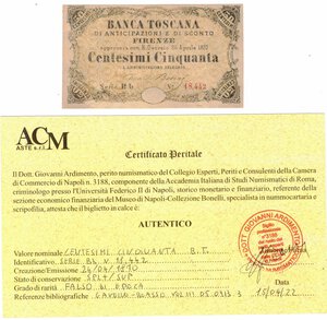 obverse: Cartamoneta. Banca Toscana di Anticipazioni e Sconto. 50 Centesimi. Decreto 24 Aprile 1870. 