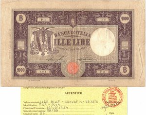 obverse: Cartamoneta. Regno d Italia. Vittorio Emanuele III. 1.000 Lire Grande M. Decreto. 16-05-1924. 