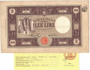 obverse: Cartamoneta. Regno D Italia. Vittorio Emanuele III. 1.000 Lire Grande M. Decreto. 05-08-1925. 