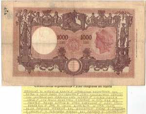 reverse: Cartamoneta. Regno D Italia. Vittorio Emanuele III. 1.000 Lire Grande M. Decreto. 05-08-1925. 
