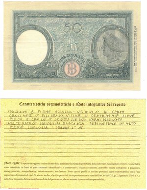 reverse: Cartamoneta. Regno D Italia. Vittorio Emanuele III. 50 Lire. Grande L . B.I. D.M. 08-10-1943. 