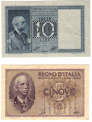 obverse: Cartamoneta. Regno D Italia. Vittorio Emanuele III. 10 Lire e 5 Lire Impero. Lotto di 2 Pezzi. 