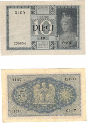 reverse: Cartamoneta. Regno D Italia. Vittorio Emanuele III. 10 Lire e 5 Lire Impero. Lotto di 2 Pezzi. 