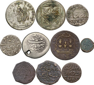 reverse: India. Multiple lot of eleven (11) AR/AE coins, mostly of Indian area, including Mughal Empire AR Rupees, Bengal Presidency AR rupees, Temple tokens