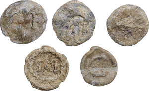 reverse: Leads from Ancient World. Multiple lot of five (5) unclassified PB Tesserae. Roman period