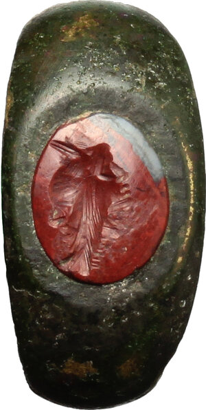 reverse: Bronze ring with carnelian intaglio engraved with 