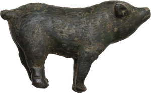 obverse: Bronze figurine in the shape of a pig.  Votive or toy.  Roman period.  38 mm