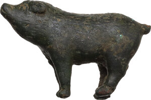 reverse: Bronze figurine in the shape of a pig.  Votive or toy.  Roman period.  38 mm