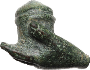 obverse: Solid bronze hand holding pyxis.  Roman, 1st-3rd century AD.  28 x 21 mm 26.16 g