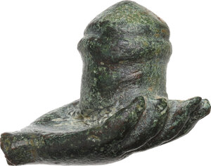 reverse: Solid bronze hand holding pyxis.  Roman, 1st-3rd century AD.  28 x 21 mm 26.16 g