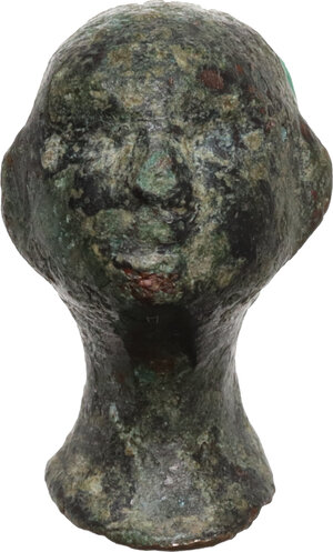 obverse: Bronze steelyard weight in the form of a wrestler s head.  Roman, 1st-3rd century AD.  18 mm. 8.45 g