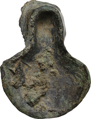 reverse: Bronze decorative element in the shape of a draped bust.  Roman period.  51x38 mm