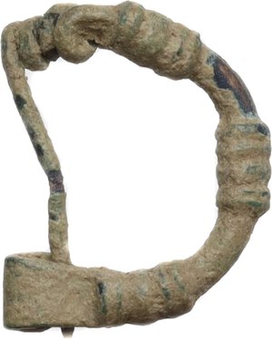 obverse: Bronze fibula, bow shaped with geometric embellishments.  Roman.  16 mm