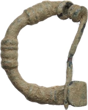 reverse: Bronze fibula, bow shaped with geometric embellishments.  Roman.  16 mm