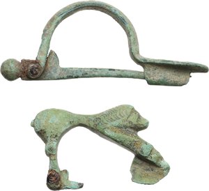 obverse: Lot of two (2) bronze fibulae.  Roman period.  46 mm
