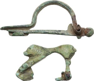 reverse: Lot of two (2) bronze fibulae.  Roman period.  46 mm