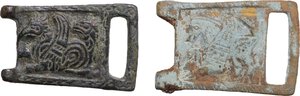 obverse: Lot of two (2) belt buckles decorated with Griffons.  Medieval period.  48 x 32 mm