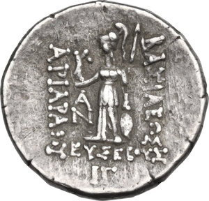reverse: Kings of Cappadocia.  Ariarathes IX Eusebes Philopator (c. 100-85 BC). AR Drachm, c. 100-85 BC. Mint A (Eusebeia). Dated RY 13 (88/7 BC)