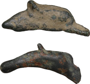 obverse: Skythia, Olbia. Lot of two (2) AE dolphin shaped proto-money, 5th century BC