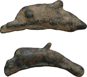 reverse: Skythia, Olbia. Lot of two (2) AE dolphin shaped proto-money, 5th century BC