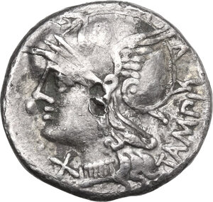 obverse: M. Baebius Q. f. Tampilus. Fourrèe Denarius, 137 BC