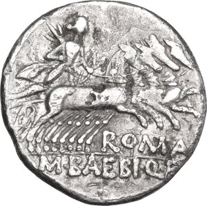 reverse: M. Baebius Q. f. Tampilus. Fourrèe Denarius, 137 BC