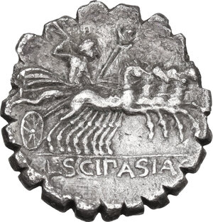 reverse: L. Scipio Asiagenus. AR Denarius serratus, 106 BC