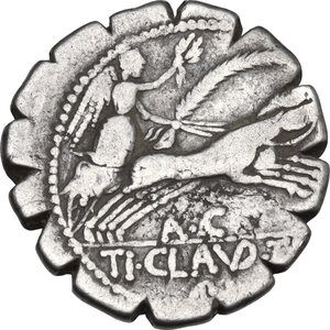 reverse: Ti. Claudius Ti. f. Ap. n. Nero. AR Denarius serratus, 79 BC. Obv