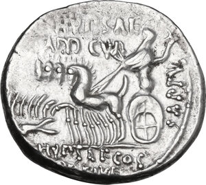 reverse: M. Aemilius Scaurus and P. Plautius Hypsaeus. Denarius, Rome mint, 58 BC