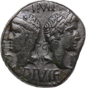 obverse: Augustus (27 BC - 14 AD) with Agrippa. AE As, Nemausus mint, c. 16 -10 BC