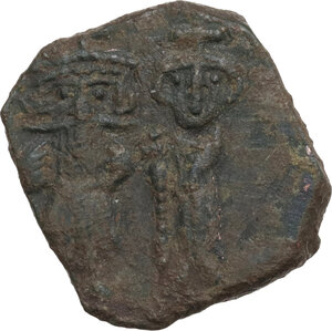 obverse: Constans II, with Constantine IV, Heraclius, and Tiberius (641-668). . AE Follis, Syracuse mint, 659-668. Obv