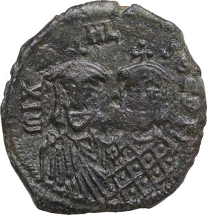 obverse: Michael II the Amorian, with Theophilus (820-829). AE Follis, Constantinople mint