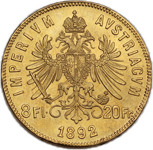 reverse: Austria.  Franz Joseph (1848-1916). 8 Florins or 20 Francs 1892. Restrike