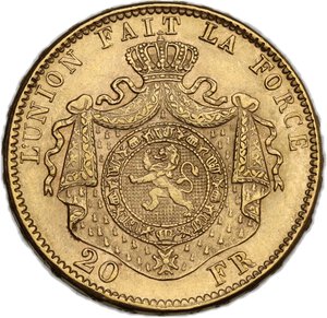 reverse: Belgium.  Leopold II (1835-1909). AV 20 Francs 1876